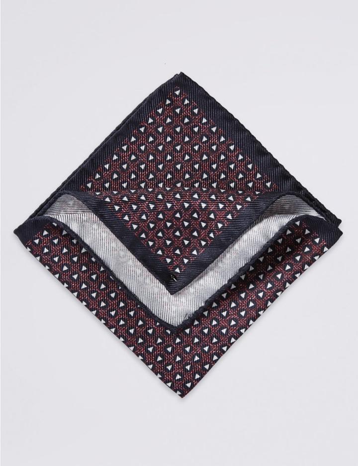 Marks & Spencer Pure Silk Printed Pocket Square Burgundy Mix