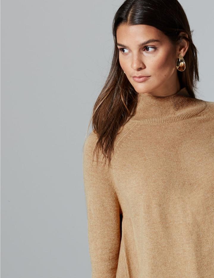 Marks & Spencer Pure Cashmere Curved Hem Funnel Neck Jumper Camel