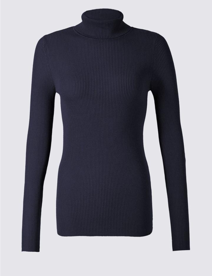 Marks & Spencer Ribbed Polo Neck Jumper Navy