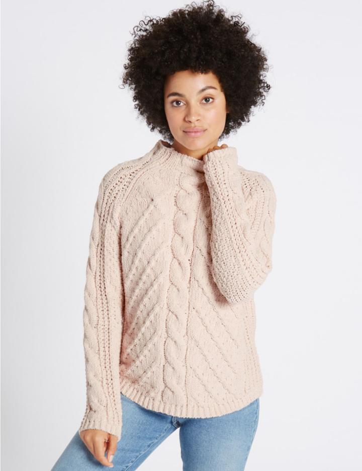 Marks & Spencer Chenille Cable Funnel Neck Jumper Blush