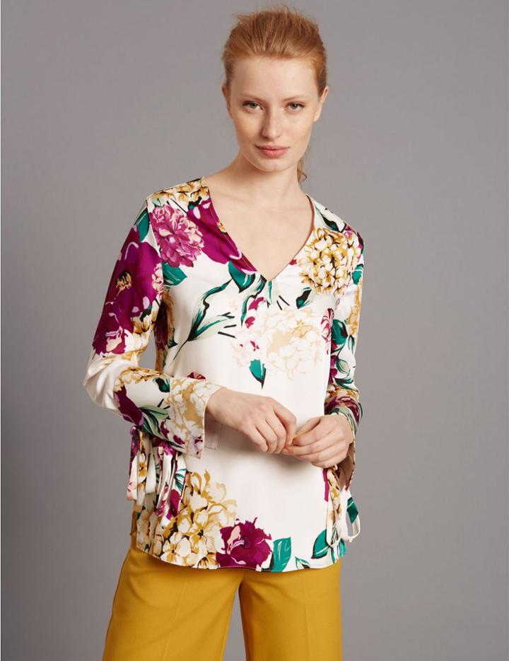 Marks & Spencer Floral Print Long Sleeve Satin Blouse Ivory