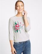 Marks & Spencer Cotton Blend Embroidered Round Neck Jumper Soft White