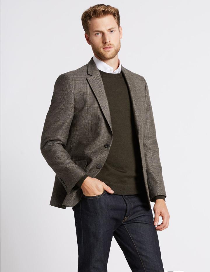 Marks & Spencer Checked Regular Fit Jacket Dark Brown