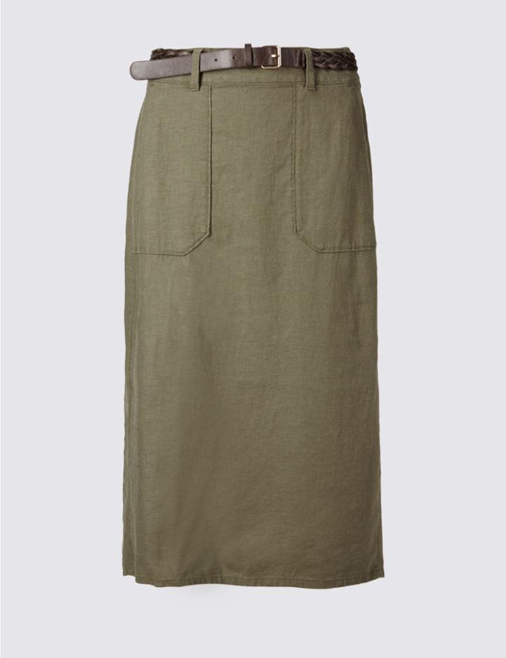 Marks & Spencer Linen Rich Belted A-line Midi Skirt Khaki