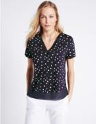 Marks & Spencer Printed V-neck Short Sleeve Jersey Top Navy Mix