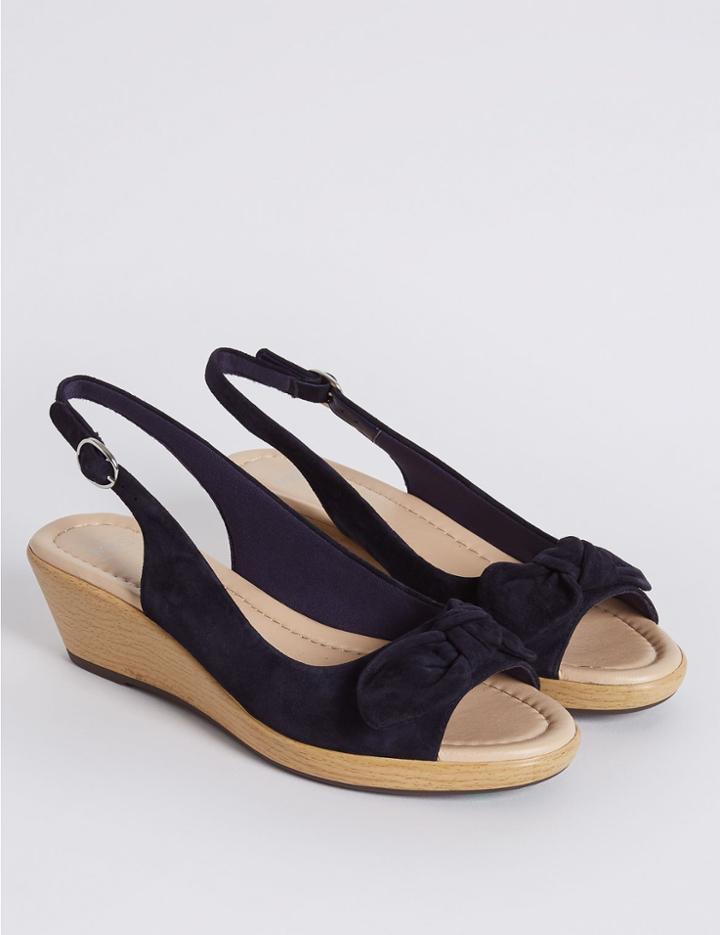 Marks & Spencer Suede Stitch Bow Moccasin Slippers Navy Mix