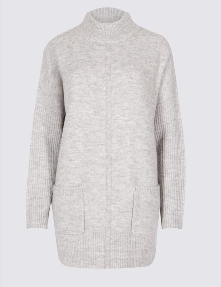 Marks & Spencer Ribbed Turtle Neck Tunic Jumper Mid Grey Marl