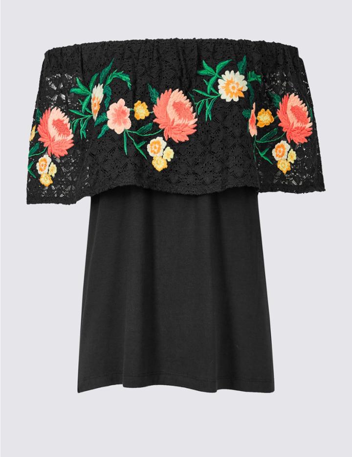 Marks & Spencer Embroidered Half Sleeve Bardot Top Black Mix