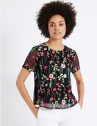 Marks & Spencer Embroidered Short Sleeve Shell Top Black Mix