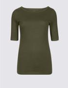 Marks & Spencer Pure Cotton Slash Neck Half Sleeve T-shirt Khaki