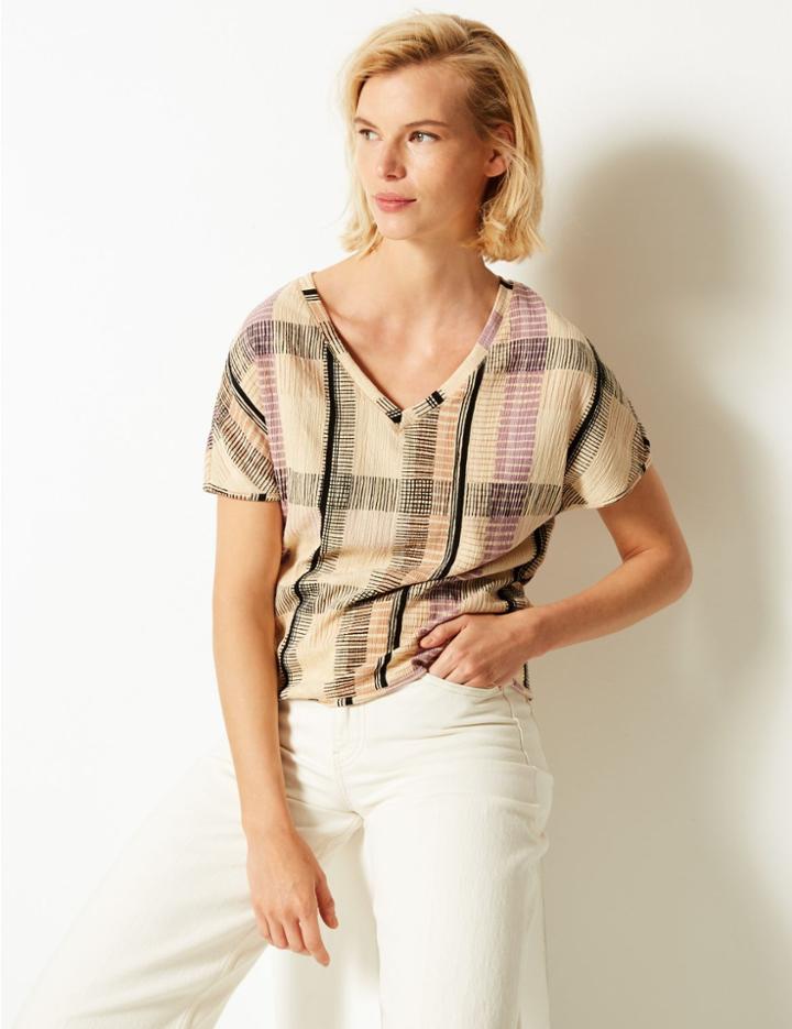 Marks & Spencer Checked V-neck Short Sleeve Top Lilac Mix