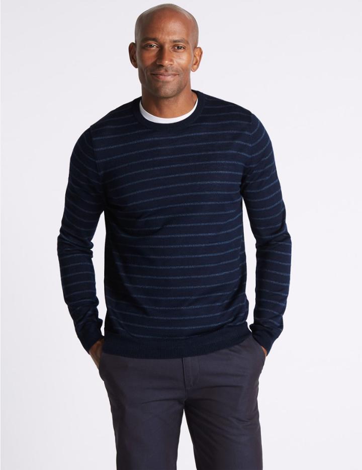 Marks & Spencer Merino Wool Blend Striped Jumper Navy Mix