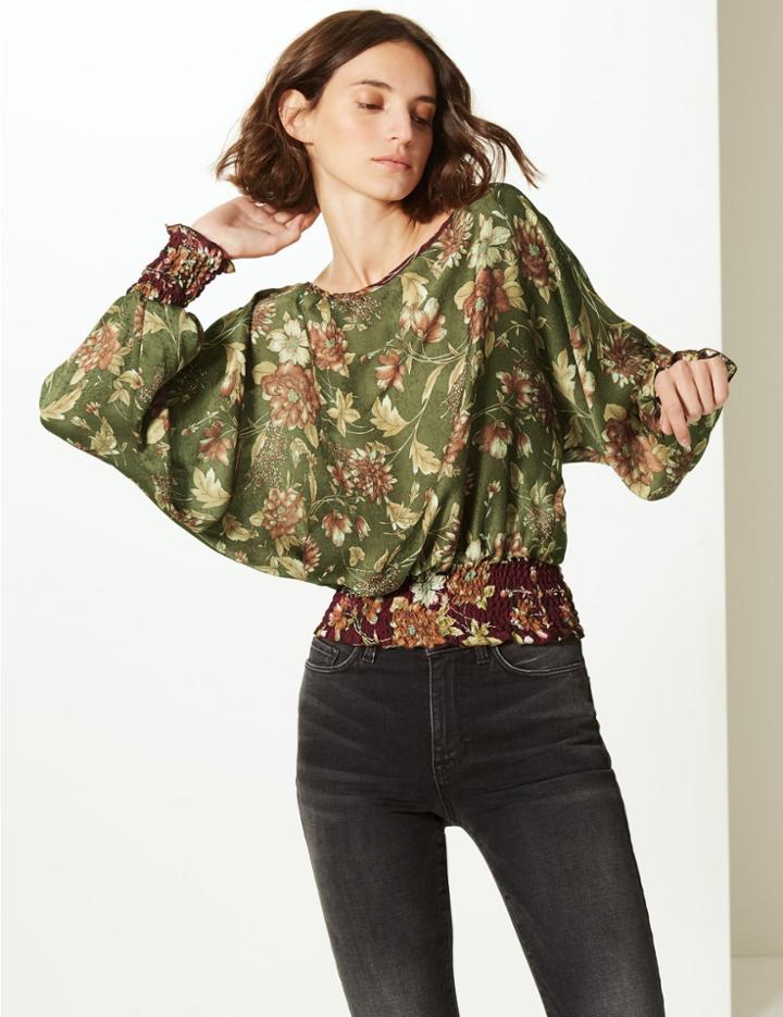 Marks & Spencer Floral Print Slash Neck Long Sleeve Blouse Khaki Mix