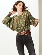 Marks & Spencer Floral Print Slash Neck Long Sleeve Blouse Khaki Mix