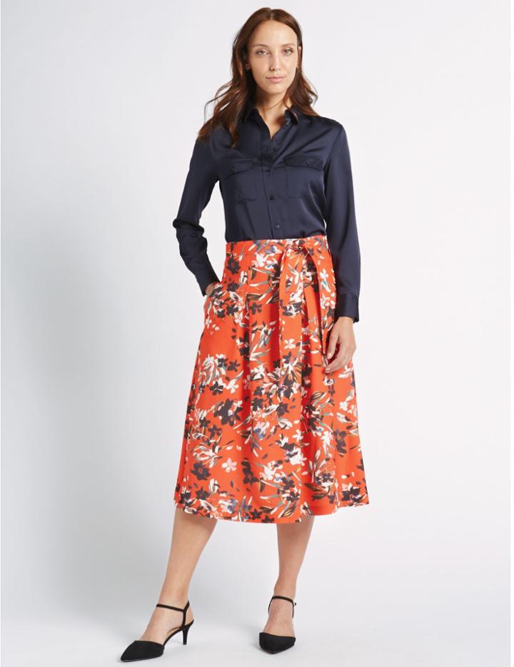 Marks & Spencer Floral Print A-line Midi Skirt Orange