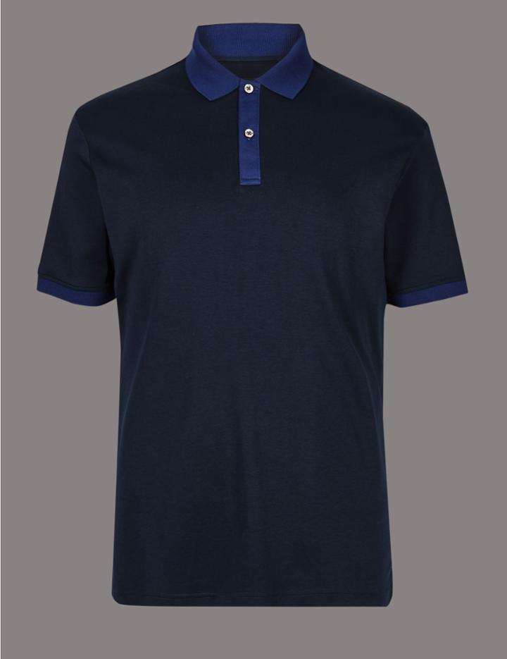 Marks & Spencer Pure Cotton Contrast Collar Polo Shirt Navy
