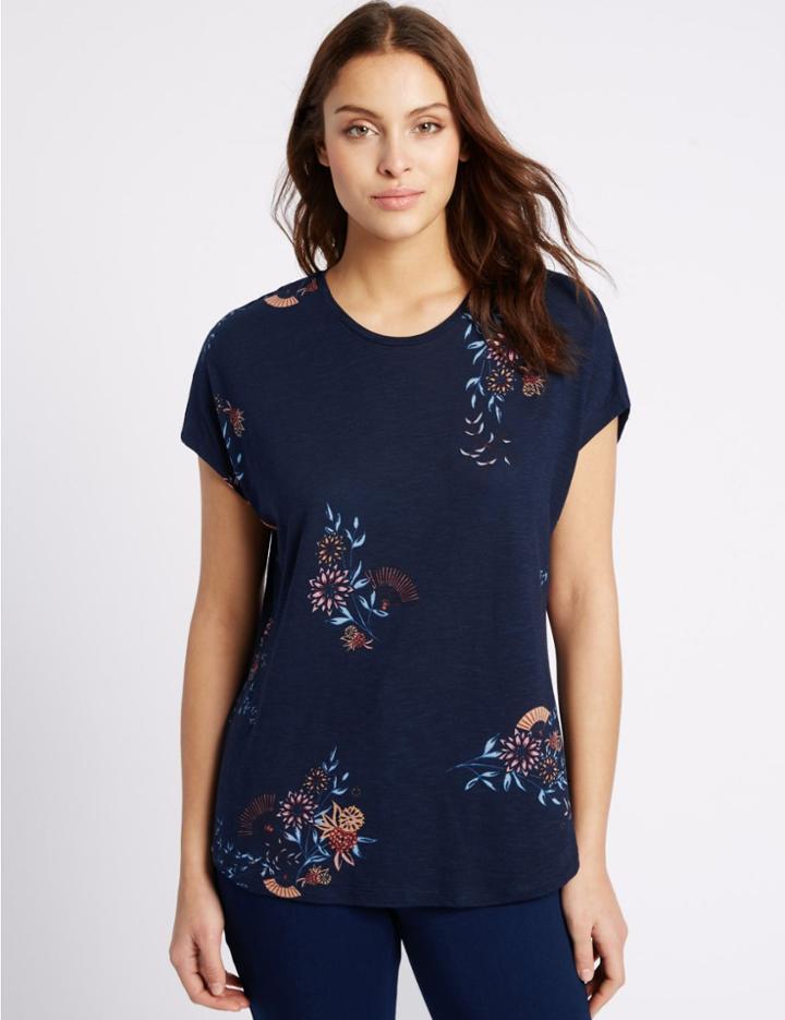 Marks & Spencer Cotton Blend Floral Print Jersey Top Navy Mix