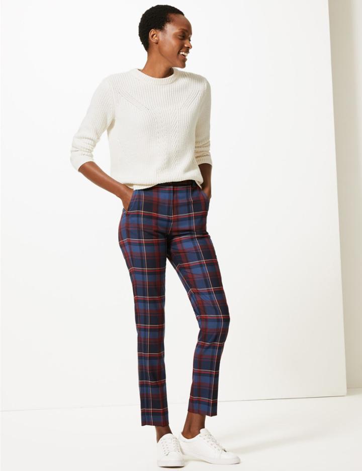 Marks & Spencer Mia Check Slim Ankle Grazer Trousers Navy Mix