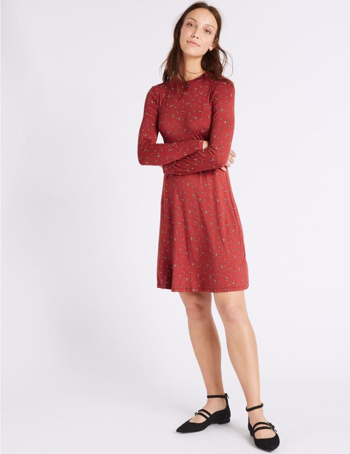 Marks & Spencer Printed Long Sleeve Swing Midi Dress Rust Mix