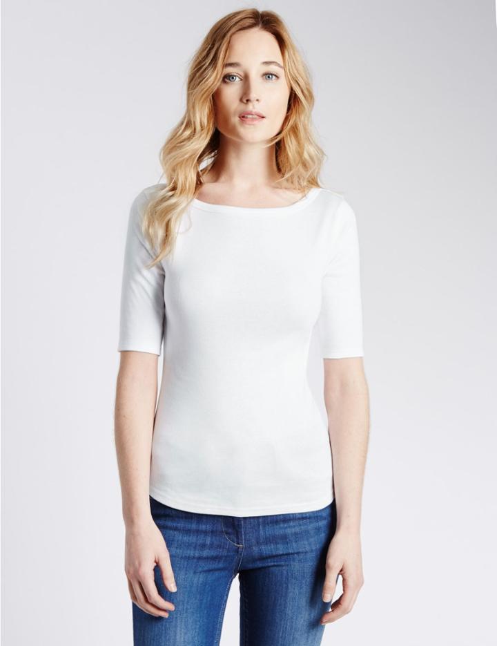 Marks & Spencer Pure Cotton Slash Neck Half Sleeve T-shirt White