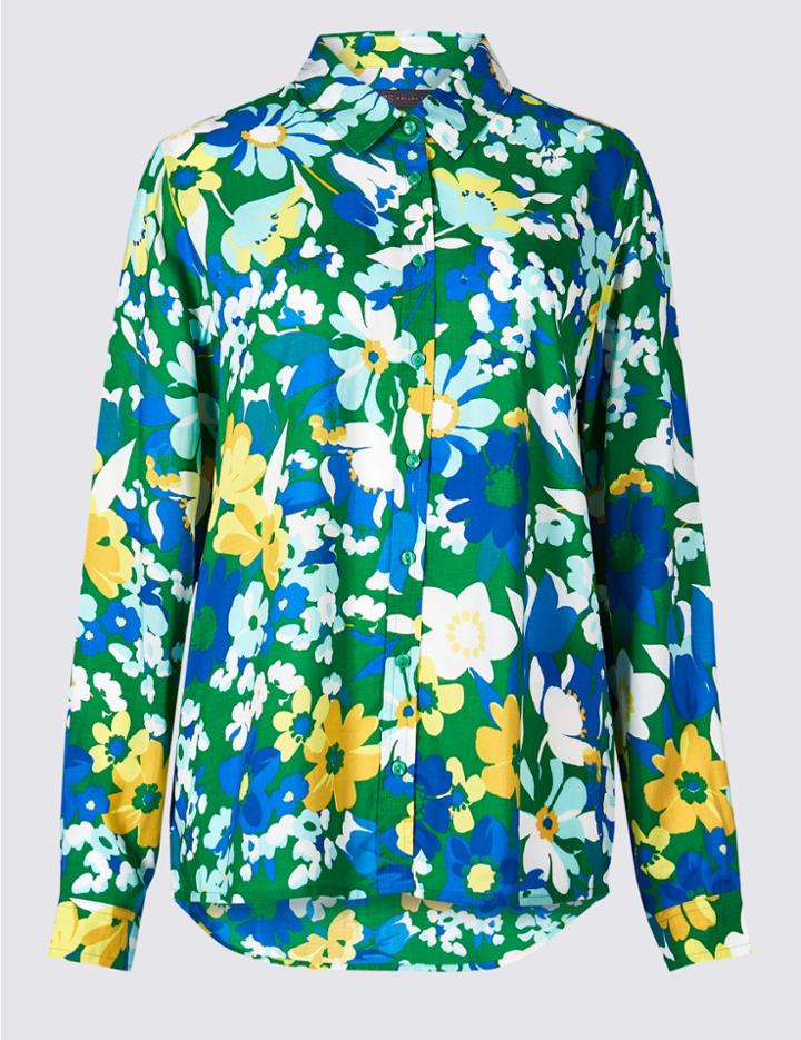 Marks & Spencer Pure Modal Floral Print Long Sleeve Shirt Blue Mix