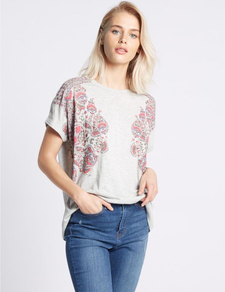 Marks & Spencer Cotton Blend Puff Floral Print T-shirt Grey Mix