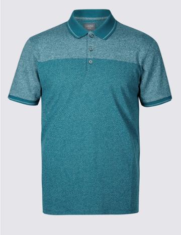 Marks & Spencer Cotton Blend Textured Polo Shirt Dark Kingfisher