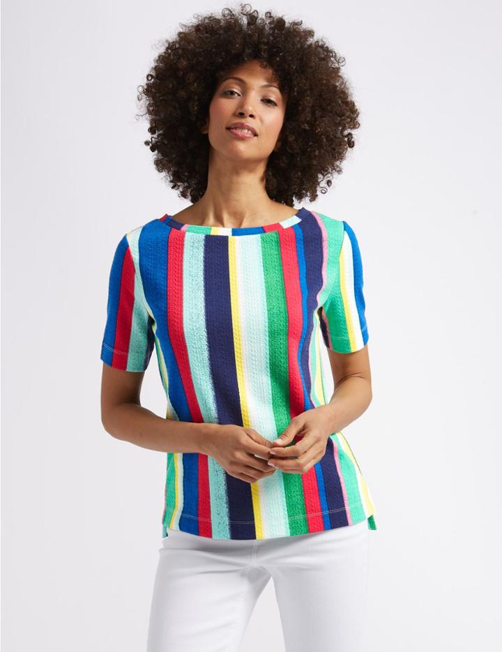 Marks & Spencer Striped Round Neck Short Sleeve Top Green Mix