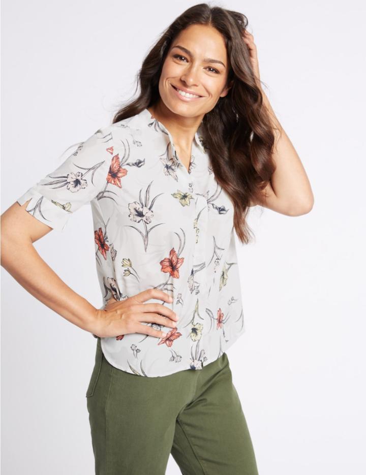 Marks & Spencer Floral Print Short Sleeve Shirt Ivory Mix