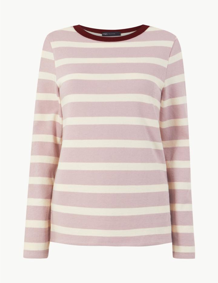 Marks & Spencer Pure Cotton Striped Regular Fit T-shirt Soft Pink