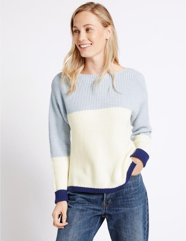 Marks & Spencer Pure Cotton Colour Block Slash Neck Jumper Soft Blue Mix