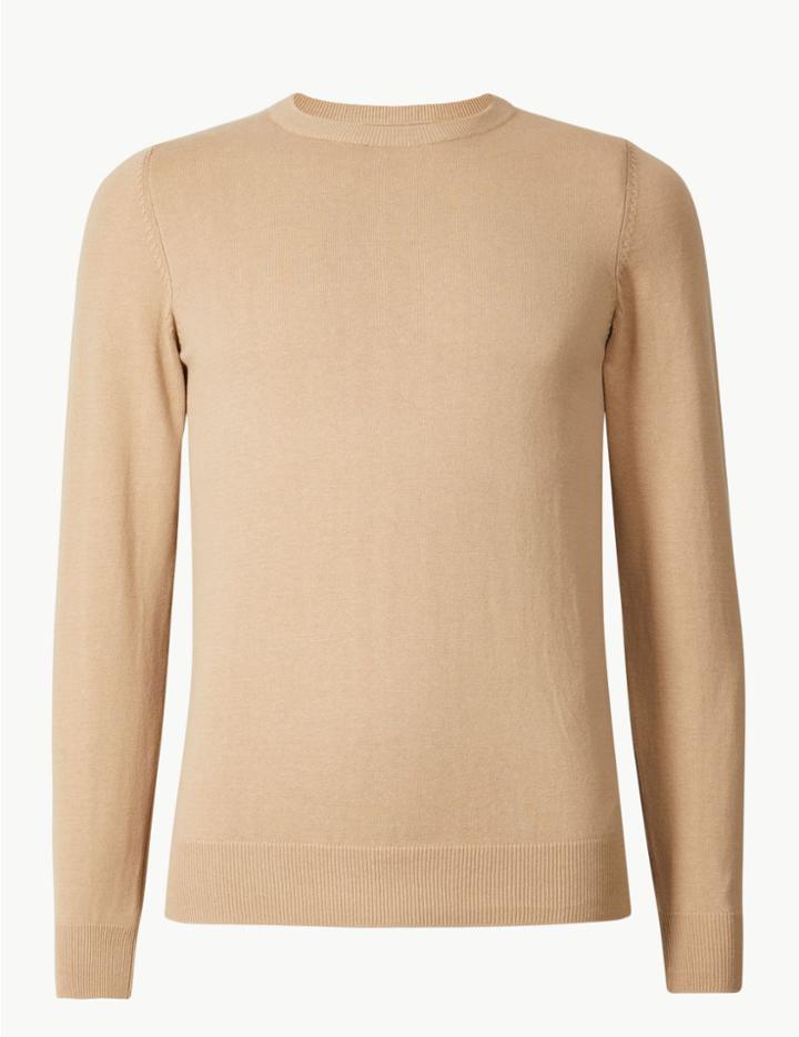 Marks & Spencer Pure Cotton Crew Neck Jumper Sand