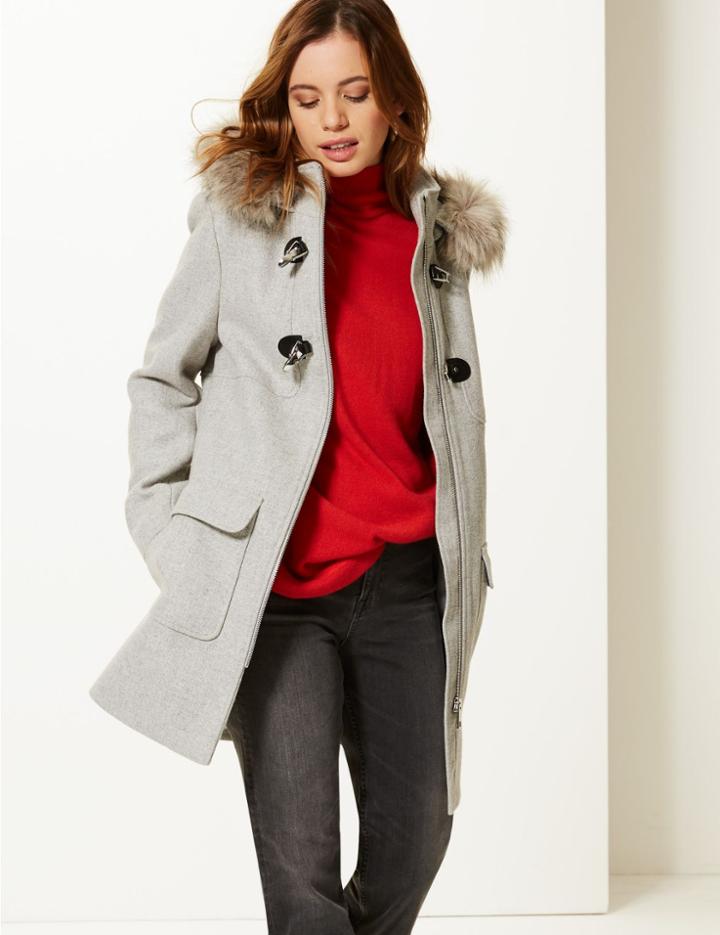 Marks & Spencer Petite Faux Fur Duffle Coat Grey Marl