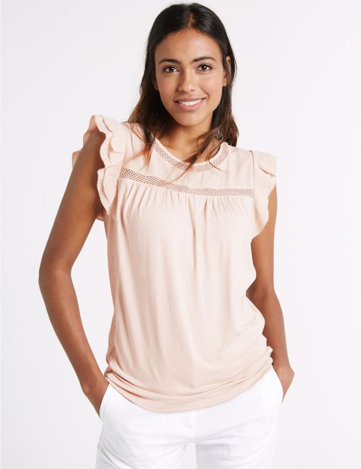 Marks & Spencer Ruffle Round Neck Cap Sleeve Jersey Top Blush
