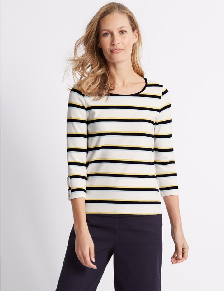 Marks & Spencer Striped Round Neck 3/4 Sleeve Top Ivory Mix