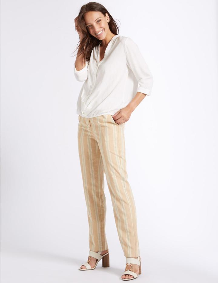 Marks & Spencer Linen Blend Striped Straight Leg Trousers Neutral