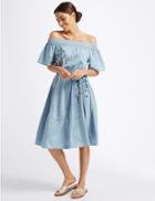 Marks & Spencer Cotton Rich Embroidered Bardot Midi Dress Chambray