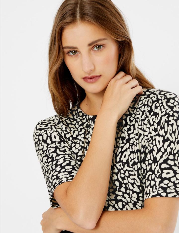 Marks & Spencer Animal Print Pleat Neck Short Sleeve Top Black Mix