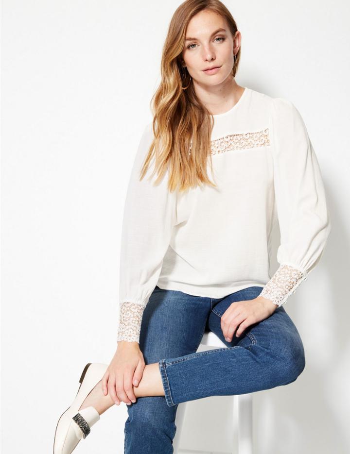Marks & Spencer Lace Insert Round Neck Long Sleeve Blouse Ivory