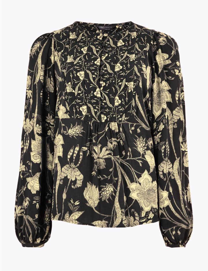Marks & Spencer Floral Print Bib Detail Blouse Black Mix