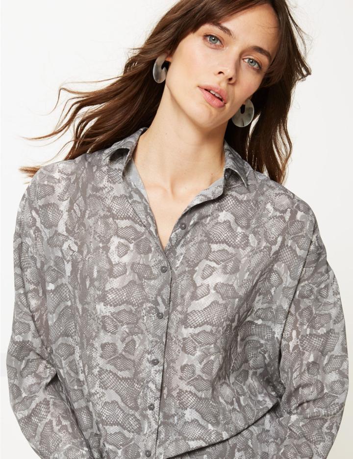 Marks & Spencer Oversized Animal Print Long Sleeve Shirt Grey Mix