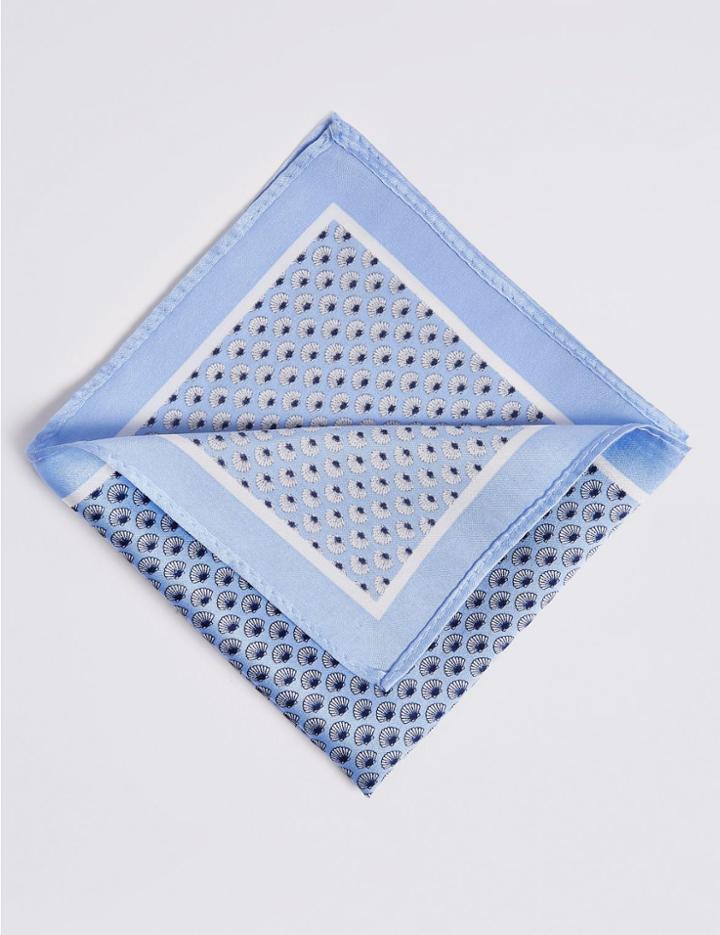 Marks & Spencer Pure Silk Shell Print Pocket Square Pale Blue Mix