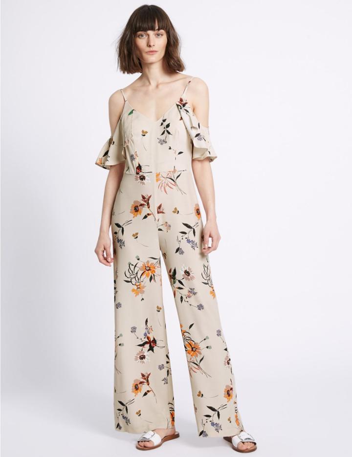 Marks & Spencer Floral Print Ruffle Side Jumpsuit Ivory Mix