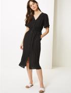 Marks & Spencer Striped Button Front Waisted Midi Dress Black Mix