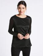 Marks & Spencer Metallic Side Pleat Long Sleeve T-shirt Black
