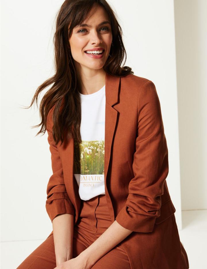 Marks & Spencer Linen Blend Open Front Blazer Ginger