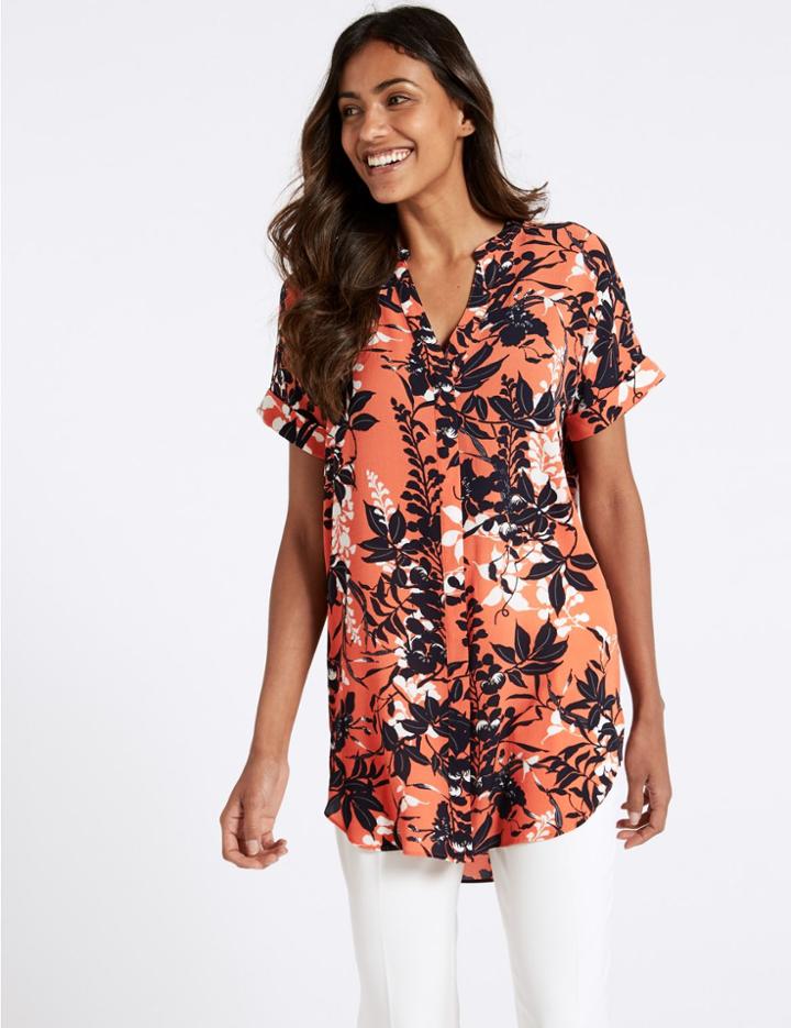 Marks & Spencer Floral Print Longline Short Sleeve Blouse Pink Mix