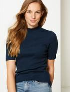 Marks & Spencer Pure Cotton Ribbed High Neck T-shirt Navy