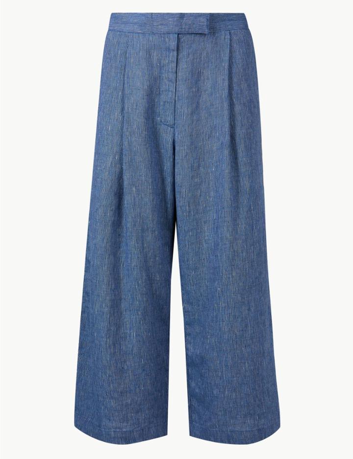 Marks & Spencer Pure Linen Wide Leg Cropped Trousers Blue Mix