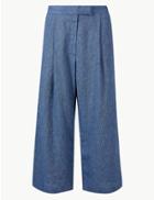 Marks & Spencer Pure Linen Wide Leg Cropped Trousers Blue Mix